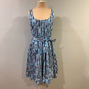 Calvin Klein Blue and White Polka Dot Belted Sleeveless Dress